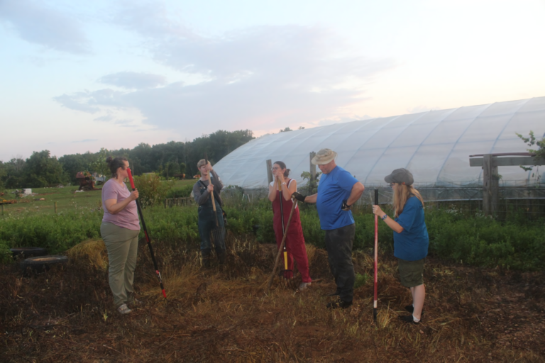 trainers discuss conservation agriculture on a farm