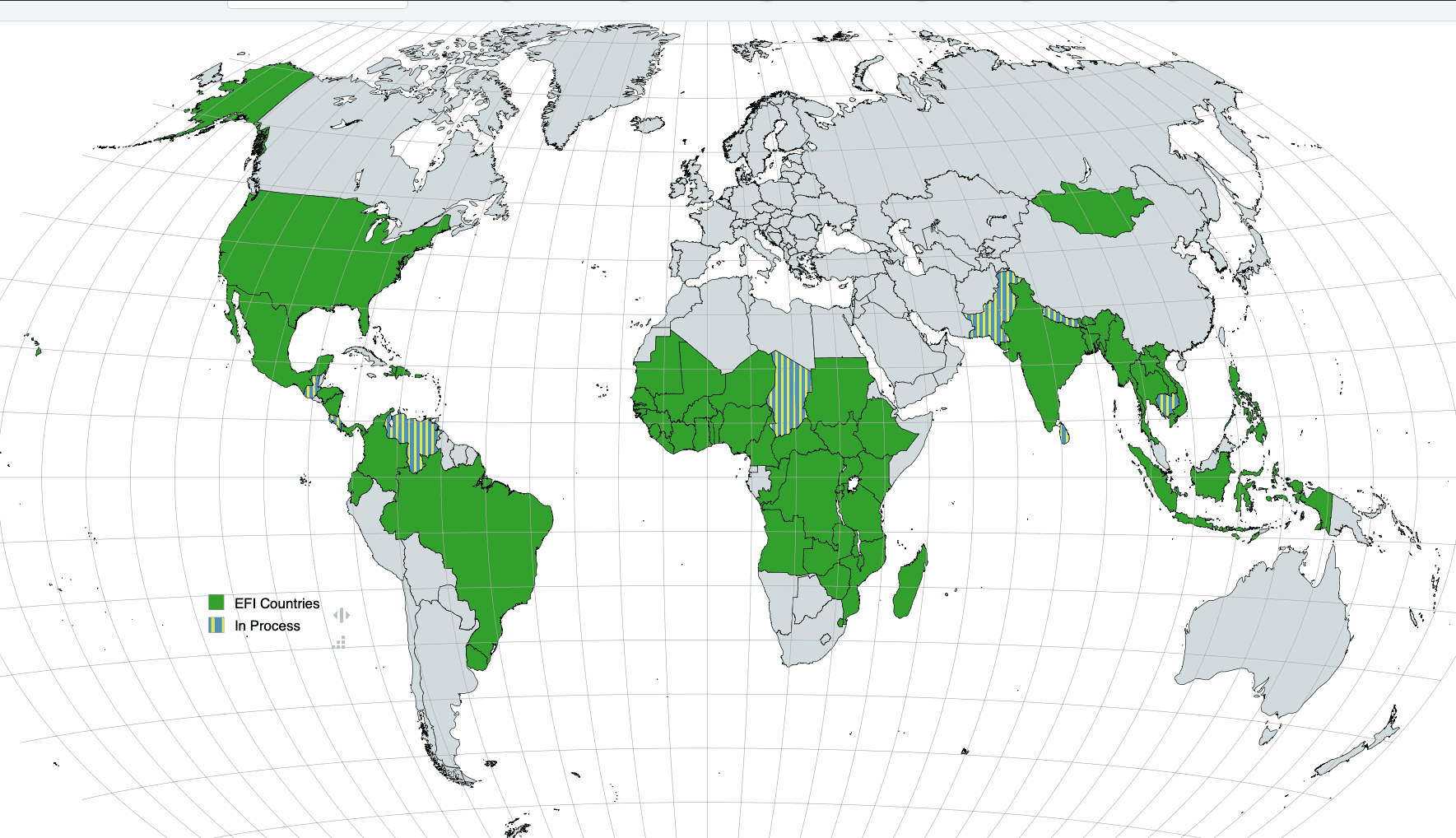 World map showing EFI countries in green and countries in process in gray.
