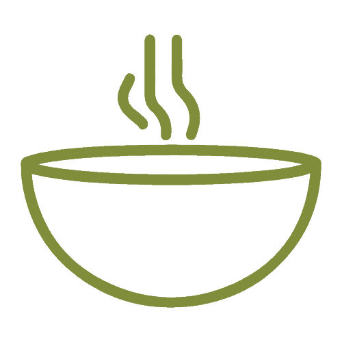 Simple line drawing of a steaming bowl of food or soup.
