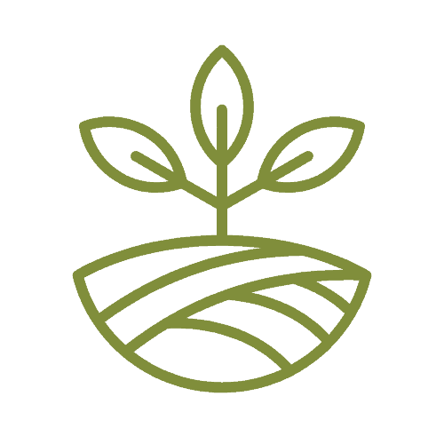 Eco-friendly farming icon with a sprouting plant and soil lines.