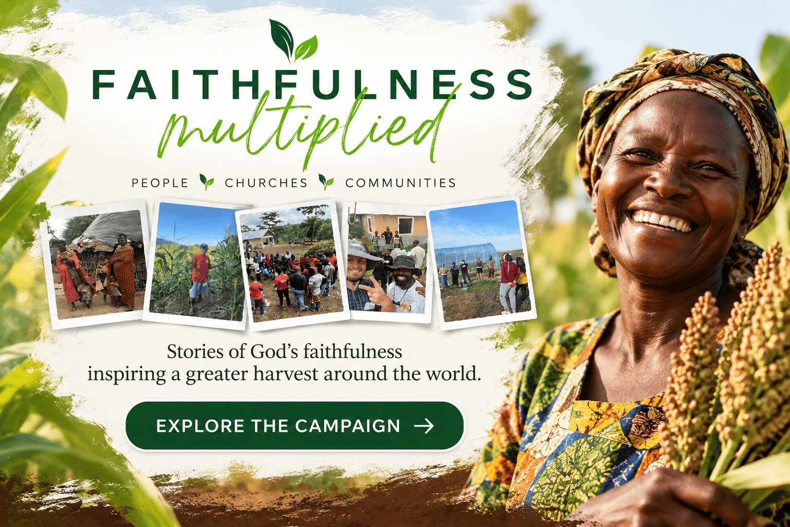 Faithfulness Multiplied Happy farmer holding crops with a vibrant background of farm fields and community scenes.